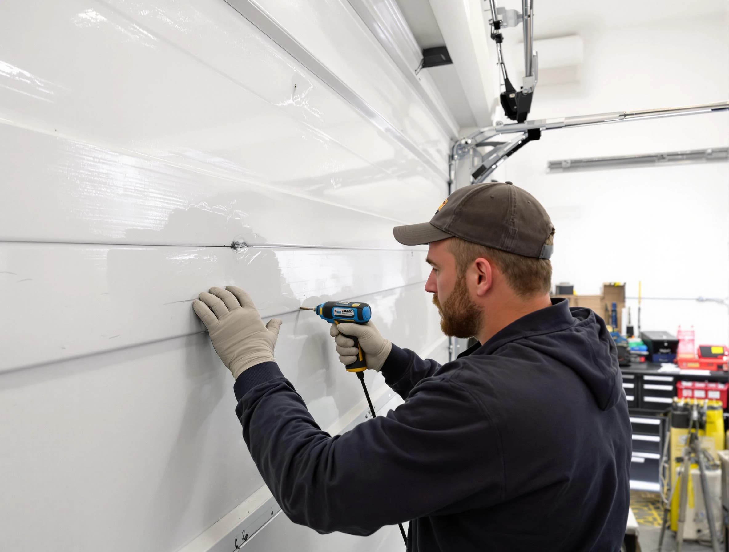 Avondale Garage Door Repair technician demonstrating precision dent removal techniques on a Avondale garage door